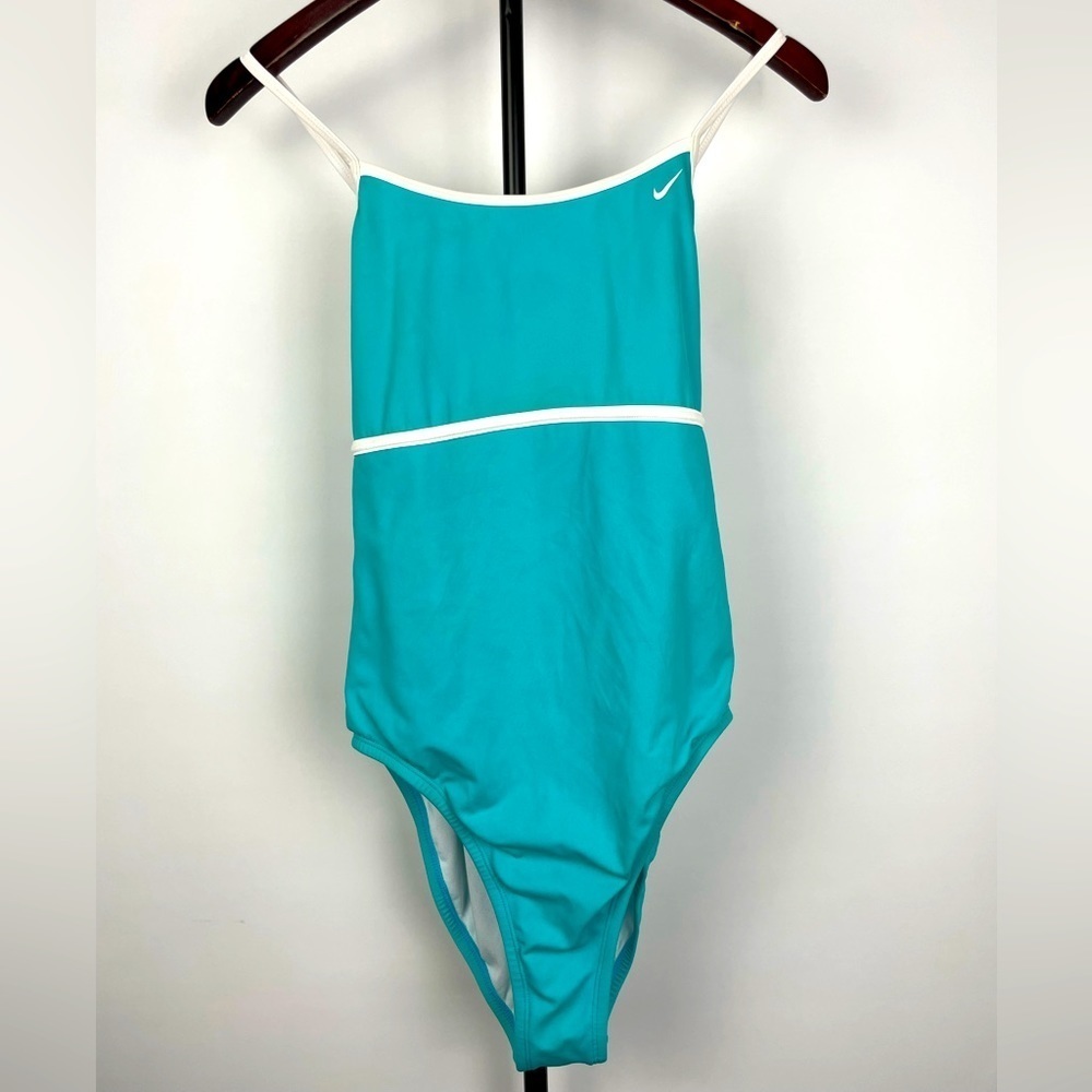 Nike Aqua Blue One Piece Racerback Bathing Suit with White Trim